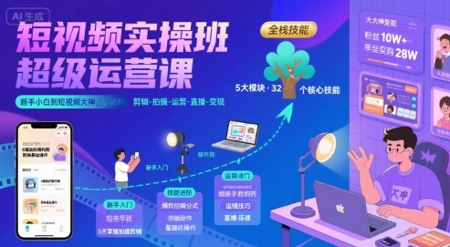 短视频实操班超级运营课，新手小白到短视频大神必修课程，剪辑-拍摄-运营-直播-变现-HXPP