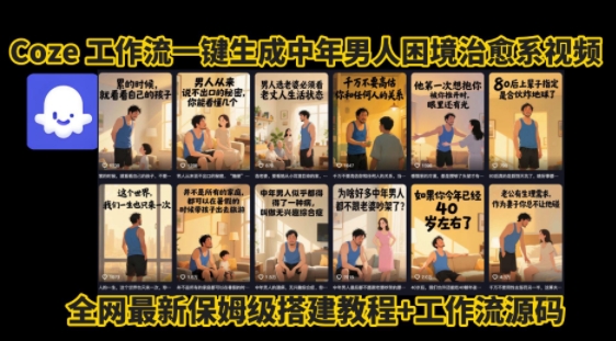 coze工作流一键生成”中年男人困境扎心高涨粉高播放量图文视频”保姆级拆解教程，无需剪辑，无需拍摄写文案-HXPP
