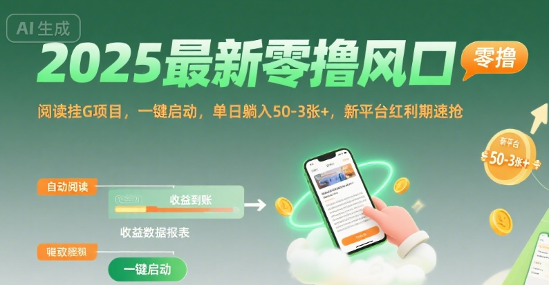 2025最新零撸风口，阅读挂G项目，一键启动，单日躺入 50-3张+，新平台红利期速抢【揭秘】-HXPP