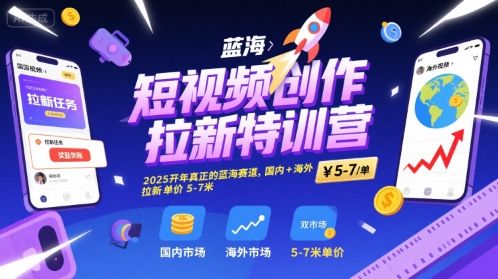 短视频创作拉新特训营，2025开年真正的蓝海赛道，国内+海外，拉新单价5-7米-HXPP