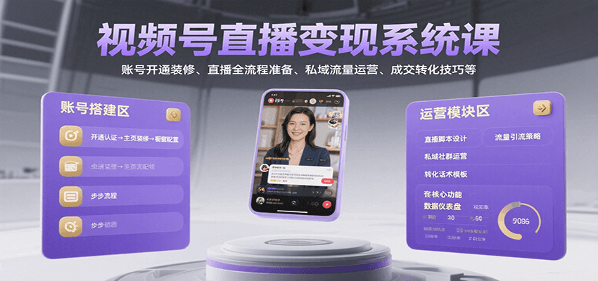 视频号直播变现系统课，账号开通装修、直播全流程准备、私域流量运营、成交转化技巧等-HXPP
