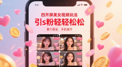 四开屏美女视频玩法，引s粉轻轻松松，暴力掘金，手机操作【揭秘】-HXPP