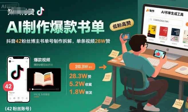AI制作爆款书单，抖音42粉丝博主书单号制作拆解，单条视频28W赞-HXPP