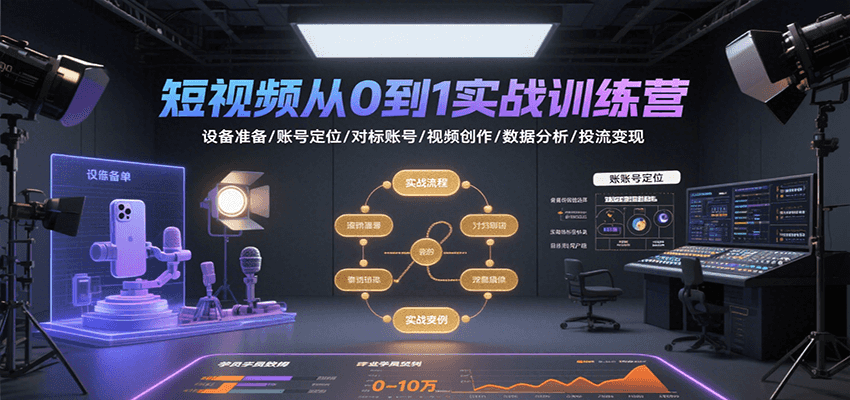 短视频从0到1实战训练营：设备准备/账号定位/对标账号/视频创作/数据分析/投流变现-HXPP