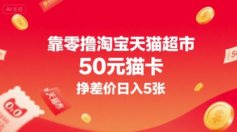 靠零撸淘宝天猫超市50元猫卡，挣差价日入5张-HXPP