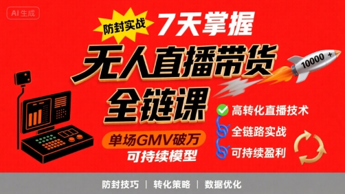 无人直播带货全链防封实战课，7天掌握高转化直播技术，实现单场GMV破万可持续模型-HXPP
