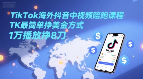 TikTok海外抖音中视频陪跑课程，TK最简单挣美金方式，1万播放挣8刀-HXPP