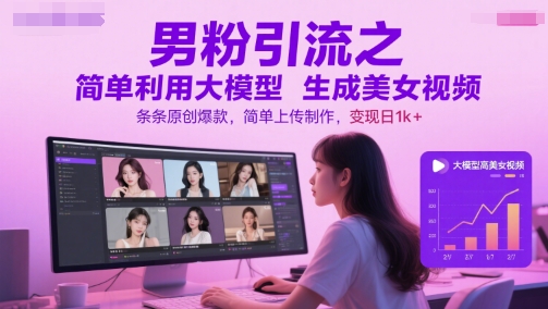 男粉引流之简单利用大模型生成美女视频，条条原创爆款，简单上传制作，变现日1k+-HXPP