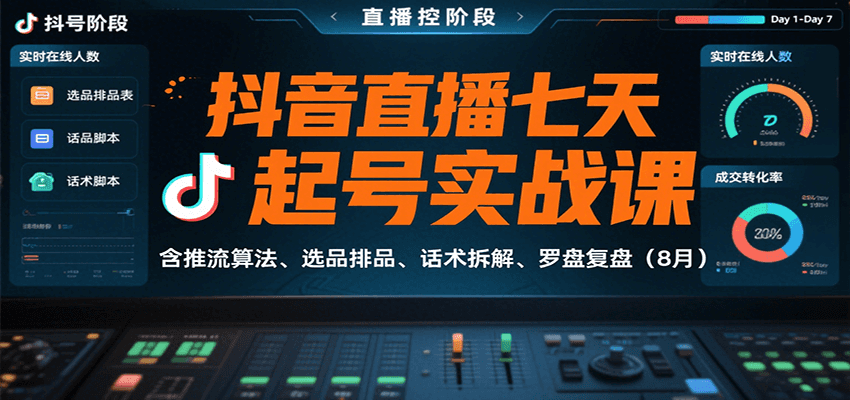 抖音直播七天起号实战课：含推流算法、选品排品、话术拆解、罗盘复盘(8月)-HXPP