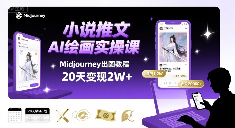 小说推文干货分享之AI绘画MJ出图实操课，用Midjourney做小说推文，20天挣2w-HXPP