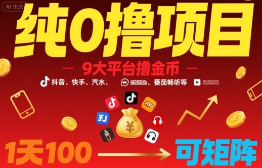 纯0撸项目，9大平台撸金币，抖音，快手，汽水，番茄畅听等，1天100，可矩阵-HXPP