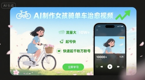AI制作女孩骑单车治愈视频，流量大，起号快，快速起千粉万粉号-HXPP