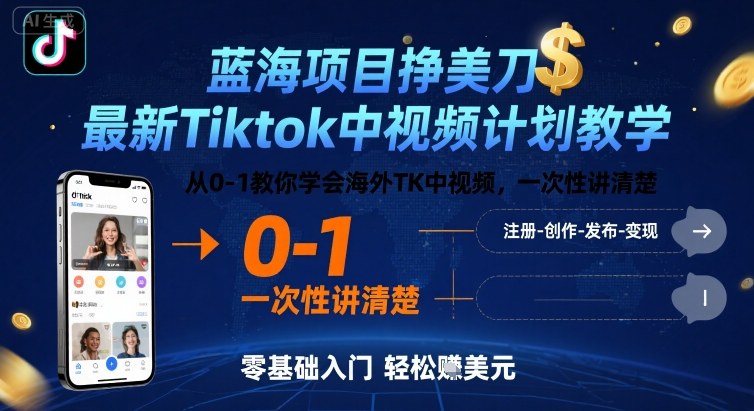 蓝海项目挣美刀，最新Tiktok中视频计划教学，从0-1教你学会海外TK中视频，一次性讲清楚-HXPP
