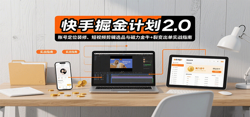 快手掘金计划2.0，账号定位装修、短视频剪辑选品与磁力金牛+裂变出单实战指南-HXPP