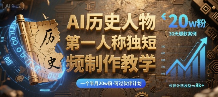 最新AI历史人物第一人称独白短视频制作教学，一个半月20w粉，可过伙伴计划-HXPP