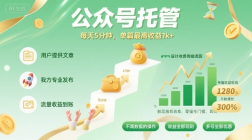 【公众号托管 】我提供文章，你发布，每天5分钟，单篇最高收益1k+【揭秘】-HXPP